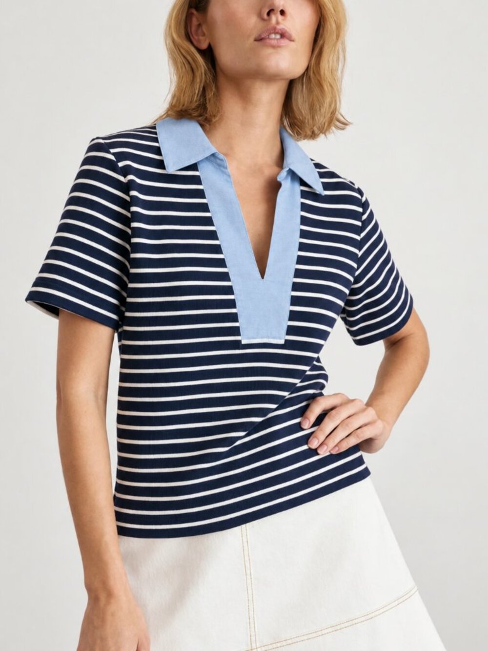 Bailey 44 NEW Navy White Stripe Johnny Collar Ribbed Knit Polo Top SZ Large Chic